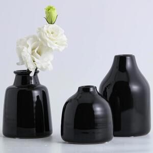 Matte Black Set of 3 Small Ceramic Bottle Vases